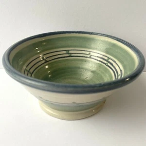 Small Handmade Studio Art Pottery Green & Blue Bowl w/Lines & Dots  - Picture 1 of 8