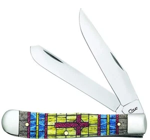 Case WR XX Pocket Knife Trapper Stained Glass Cross Natural Bone Color Wash I... - Picture 1 of 6