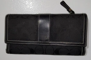 Vintage Coach Tri-Fold Black Wallet Monogram w/Check Insert, and leather trim. - Picture 1 of 12
