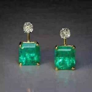 4.00Ct Emerald Cut Natural Emerald Woman's Stud Earrings 14K Yellow Gold Plated - Picture 1 of 7