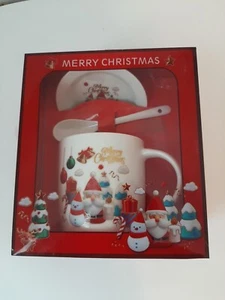 Christmas Coffee Mug, Saucer & Spoon Set Santa Red Kitchen Good Stocking Stuffer - Picture 1 of 7