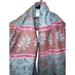 Italian Blanket SCARF Dennis Basso QVC Floral Stripe Gray Pink Mauve Fringe NEW - Picture 1 of 6