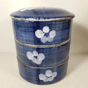 Japanese 3 Tier Jubako Blue White Flower Red Clay Cherry Blossom Stacking Bowls - Picture 1 of 14