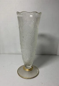 "Florero Jeannette con patrón de arpa de vidrio transparente depresión vintage borde dorado 7-1/4""" - Imagen 1 de 10