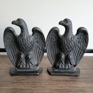 ART DECO PAIR OF CAST IRON BALD EAGLE BLACK COLOR BOOKENDS W/ FELT BOTTOMS - Picture 1 of 10