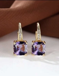 Purple crystal earrings - drop dangle hoop  - amethyst & Cubic Zirconia Earrings - Picture 1 of 4