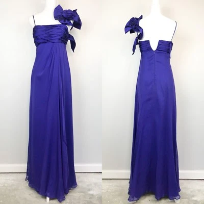 JS COLLECTIONS | Sz 4 Blue One Shoulder Rosette Taffeta Silk Chiffon Gown Dress - Image 1 of 4