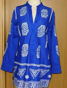Zara Royal Blau Weiß besticktes Tunika-Oberteil, Kleid V-Ausschnitt, Boho L 42 - Bild 1 von 14