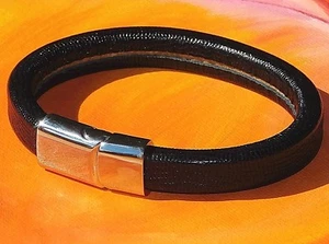 Mens / ladies 10mm Black leather & Stainless Steel bracelet by Lyme Bay Art - Picture 1 of 3