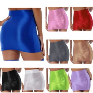 Women Shiny Glossy Mini Skirts Bodycon Pencil Skirt High Rise Sexy Gogo Clubwear - Picture 1 of 70