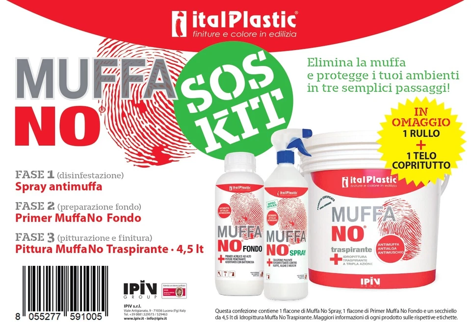 Muffa No Kit SOS Spray, Fondo, Pittura 4,5 lt Antimuffa rullo e telo copritutto  - Immagine 1 di 1