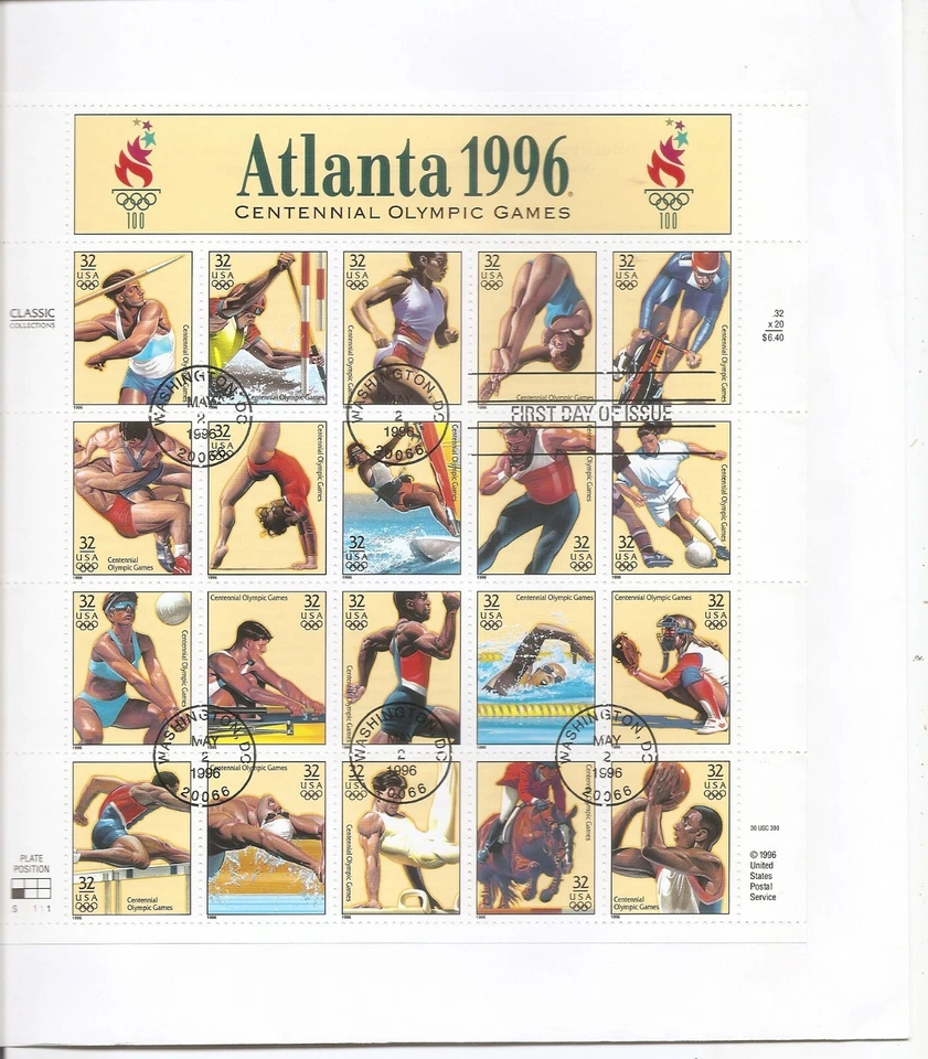 US SC # 3068a-t 1996 Summer Olympic Games,  Pane Of 20 . First day Of Issue. - Image 1 of 1