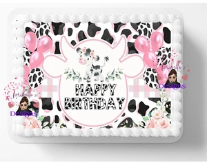 Pink Baby Cow Print Edible Image Edible Birthday Party Cake Topper DIY Cake 03 - Picture 1 of 1
