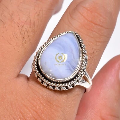 Anillo único hecho a mano de plata de ley 925 con piedras preciosas de ágata de encaje azul talla 5-10 Foto 1 de 3