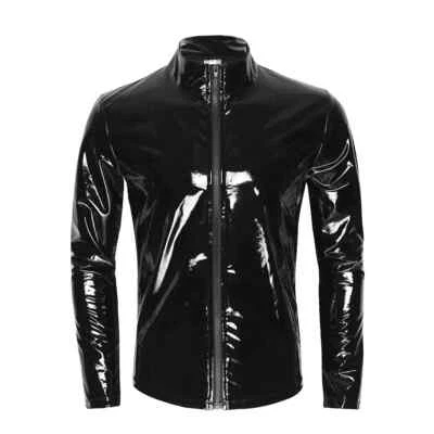 Men Moto Zipper Jacket Tops Glossy PVC Leather Jacket Outdoor Golf Coat Costumes - Image 1 of 4