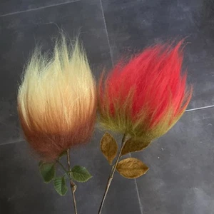Set FIORI pelliccia TROLL HAIR VINTAGE primi anni 70 retrò giallo, rosso fluo 13" L - Foto 1 di 20