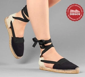 Diegos® Size 38/7.5-8 US Classic Flat Black Lola Espadrilles Hand Made in Spain - Picture 1 of 8