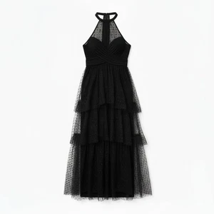 Neu mit Etikett Lulus M schwarz Blumen transparent Neckholder Stufen wadenlang Kleid gefüttert elegant - Bild 1 von 4