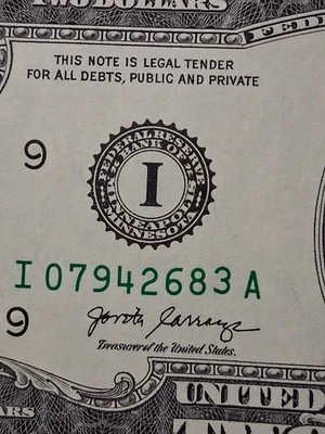 Gas Pump Error Fancy Serial Number $2 Dollar Bill  I07942683A - Image 1 of 4