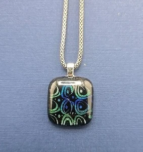 925 Sterling Silber Halskette Dichroitisches Glas Anhänger Abstrakt Art Deco Silberton - Bild 1 von 5