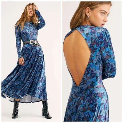 Vestido maxi Free People Heartland veludo azul floral costas abertas manga longa grande - Imagem 1 de 4