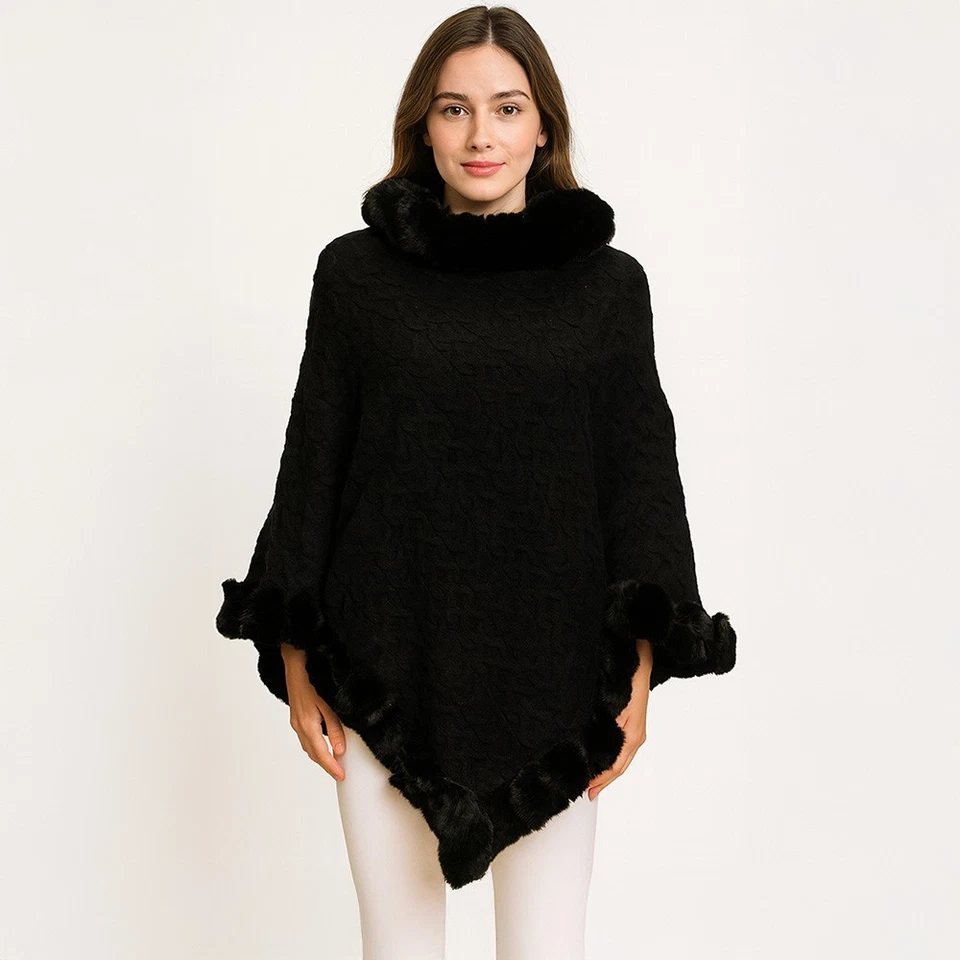Textured Faux Fur Trim Cape Poncho Soft Warm Fashionable Outerwear for Women - Image 1 of 1