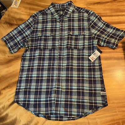 Camisa Sean John Para Hombre Grande L Azul A Cuadros Abotonada Manga Corta Y2K Bolsillos Diddy Foto 1 de 4