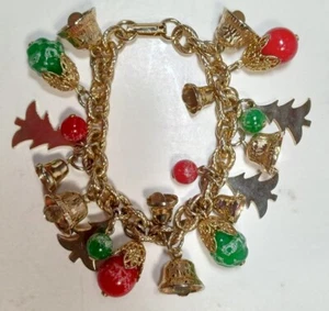 Vintage Christmas Charm Bracelet 6 1/2" Gold Tone Dangle Trees Bells Ornaments - Picture 1 of 2