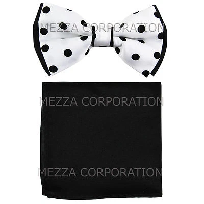 Nuevo conjunto de pajarita blanca preatada y pañuelo negro para hombre dos tonos lunares formales Foto 1 de 4