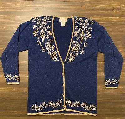 Cárdigan de Colección Jaclyn Smith AZUL AÑOS 80-90 Dorado y Perlas M Suéteres Medianos Brillantes Foto 1 de 4