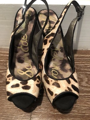SAM EDELMAN BLACK SUEDE & LEOPARD PRINT PONY HAIR OPEN TOE PLATFORM HEELS SZ 6 - Image 1 of 4