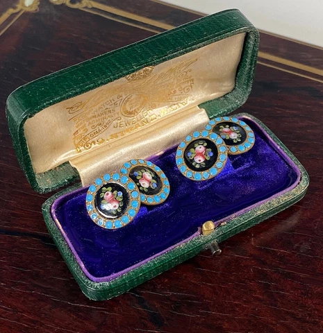 Antique French Kiln-fired Enamel Buttons, Now Cufflink Pair in Original Box Cover
