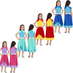 Kids Girls Dancewear Ice Skating Dress Tiered Costume Performance Mock Neck - Picture 1 of 47