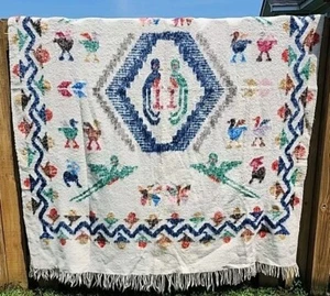 Coperta lana vintage tessuta a mano guatemalteca Maya Momostenango arte popolare 74" x 90" - Foto 1 di 19
