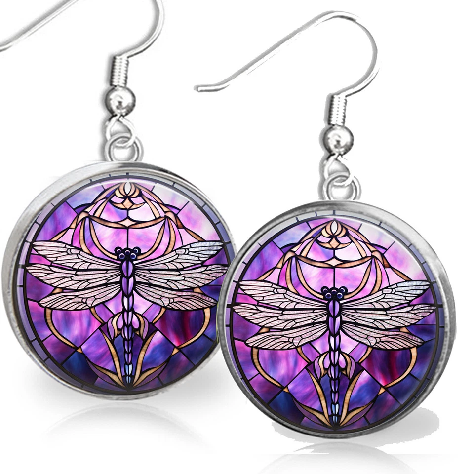 Brincos pendurados de prata esterlina estilo boho art nouveau libélula roxa - Imagem 1 de 3