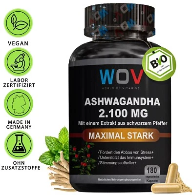 WOV® Bio Ashwagandha Kapseln - 180 Stück - 2100 mg KSM66 - Hochdosiert für Balance