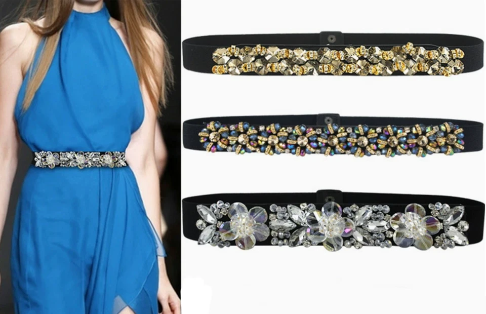 Women Shine Flower Crystal Rhinestone Bling Waist Dress Elastic Belt Waistbands - image 1 of 4