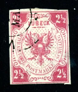 GERMANY LUBECK # 4, 21/2s. USED ROSE (COAT OF ARMS) NICE MARGINS SOUND COPY - Picture 1 of 2
