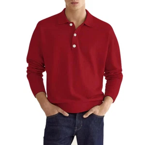 Mens Lapel Neck Business Polo Shirt Casual Long Sleeve Tee Tops Sport T Shirts - Picture 1 of 19
