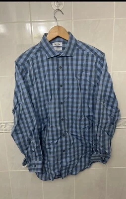 Calvin Klein Mens Non Iron Slim Fit LS Button Down Light Blue Plaid Shirt L 16.5 - Image 1 of 4