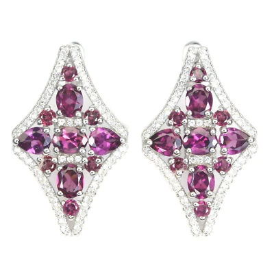 925 Sterling Silver Earrings Oval Rhodolite Garnet White Topaz Gemstone Jewelry - Image 1 of 4