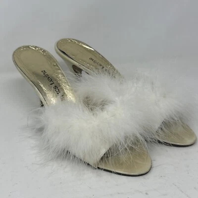 Zapatilla de tacón alto Jacques Levine blanca satinada vintage para mujer plumas de marabú Foto 1 de 4