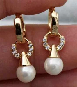 3Ct Round Cut Natural Pearl Wedding Drop/Dangle Earrings 14k Yellow Gold Plated - Picture 1 of 6