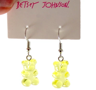 Lindo! NUEVOS PENDIENTES COLGANTES BETSEY JOHNSON AMARILLO TRANSLÚCIDO OSO DE GOMA Foto 1 de 4