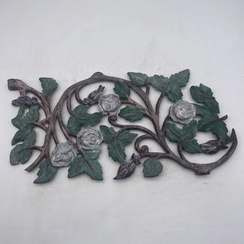 Vtg MCM Painted Cast Aluminum Roses Leaves Birds Sparrows Fence? Gate? Section Cover