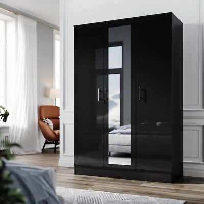 ELEGANT Black Gloss 3 Door Triple Mirrored Wardrobe with Hanging Rail & Shelves Bedroom