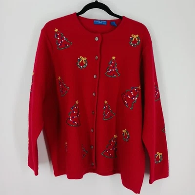 Cárdigan Suéter Navidad Karen Scott XL 100% Lana Abotonada De Colección Foto 1 de 4