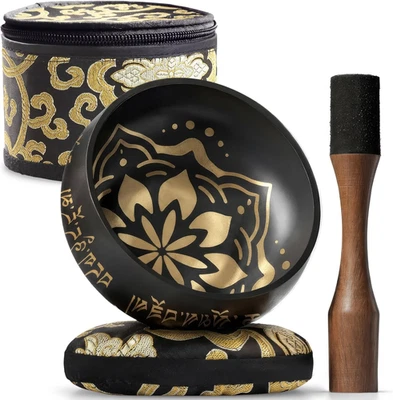 Bol Tibétain Gravé À La Main Ensemble Complet Méditation, Cloche Sonore, Coussin - Photo 1/4