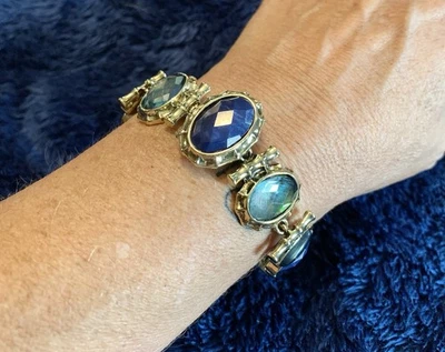Hermosa pulsera de eslabones Dana Buchman tono dorado cabujón “Tonos de azul” 7,5” Foto 1 de 4