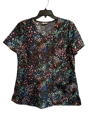 Scrubstar Scrub Top Nurse Shirt Womens Medium Multicolor Paint Splotch Pockets - Image 1 of 4
